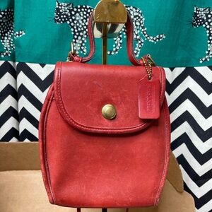 Vintage Coach Red Leather Derby Bag With Brass Hardware